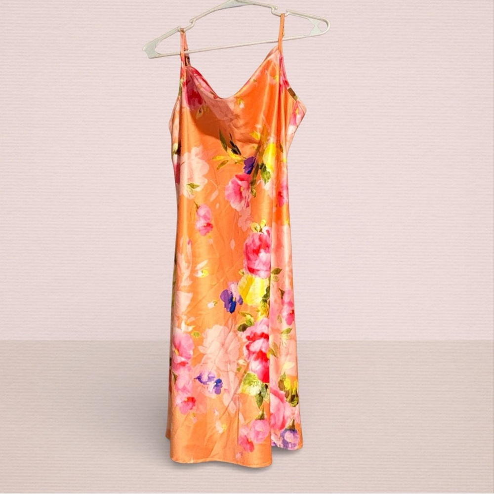 bebe Floral Satin Chemise/Slip Dress - Orange and Pink
